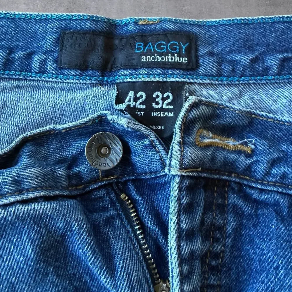 Vtg Anchor Blue Baggy Jeans Mens 42 Y2K Skater Streetwear Wide Leg Blue Denim